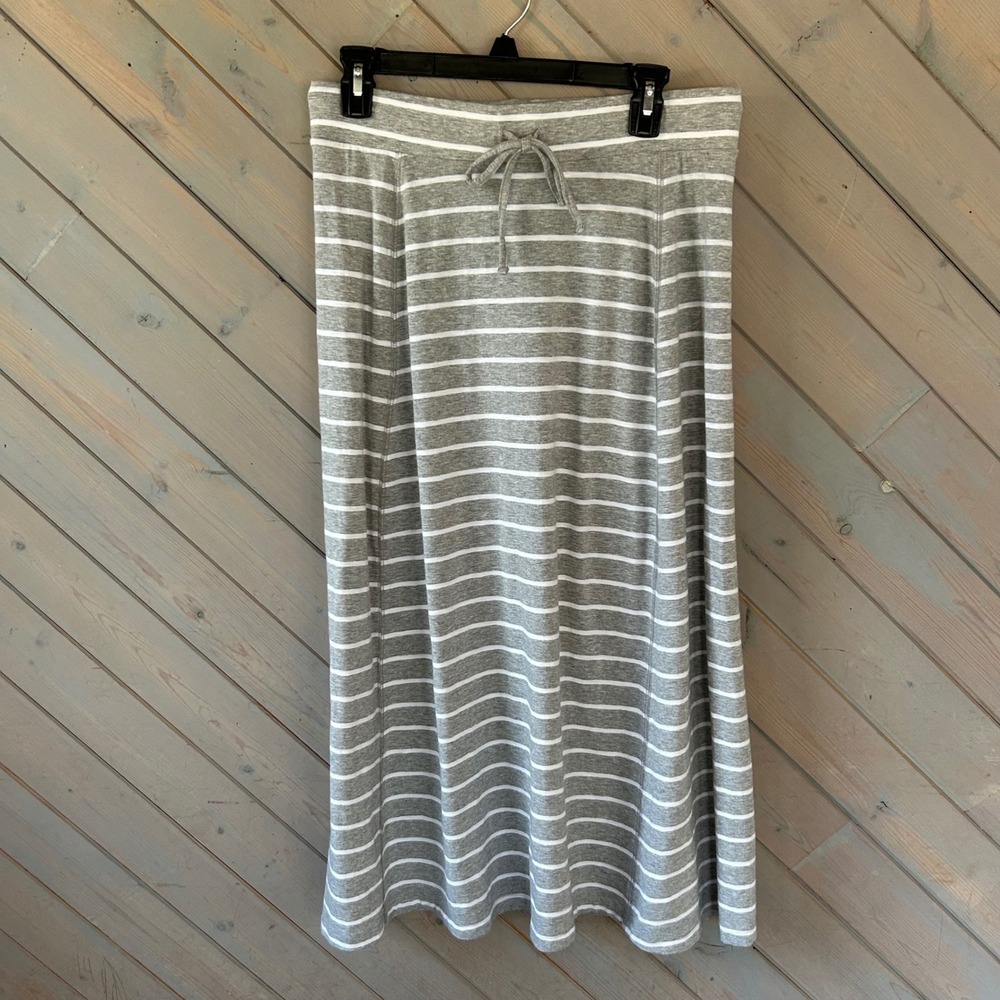 Talbots Womens Gray White Striped Drawstring Waist Jersey Knit Maxi Skirt Small